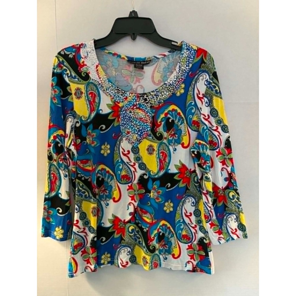 Mirror Image Womens Large Embellished Paisley Tunic Top Blue Yellow Boho Western